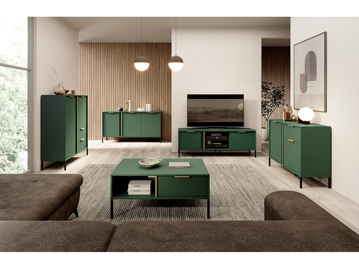 Table de télévision LARS RTV153 2D 154x40x54 Vert & Doré