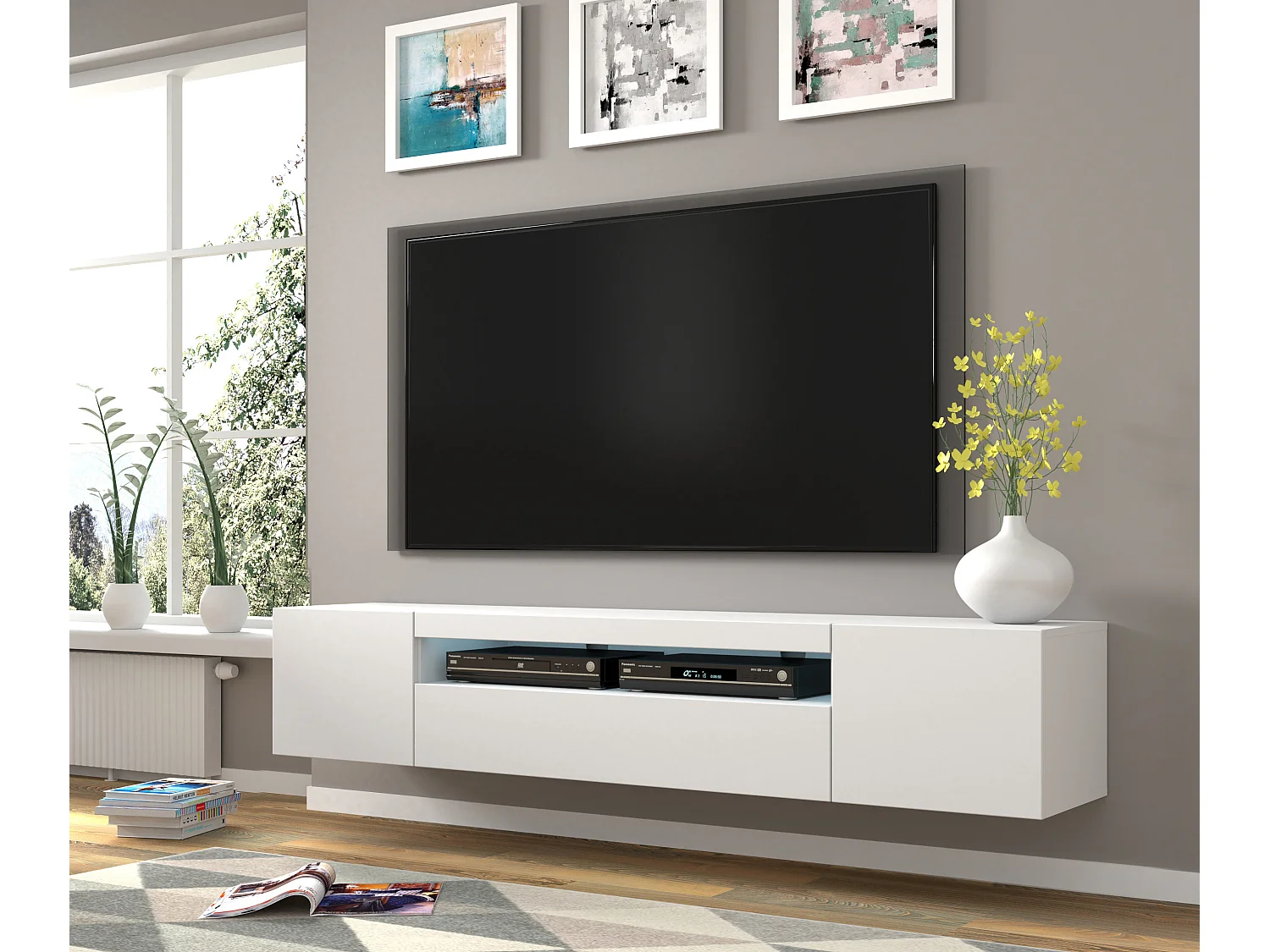Třídveřová nástěnná skříňka Aurus White LED, 200 cm