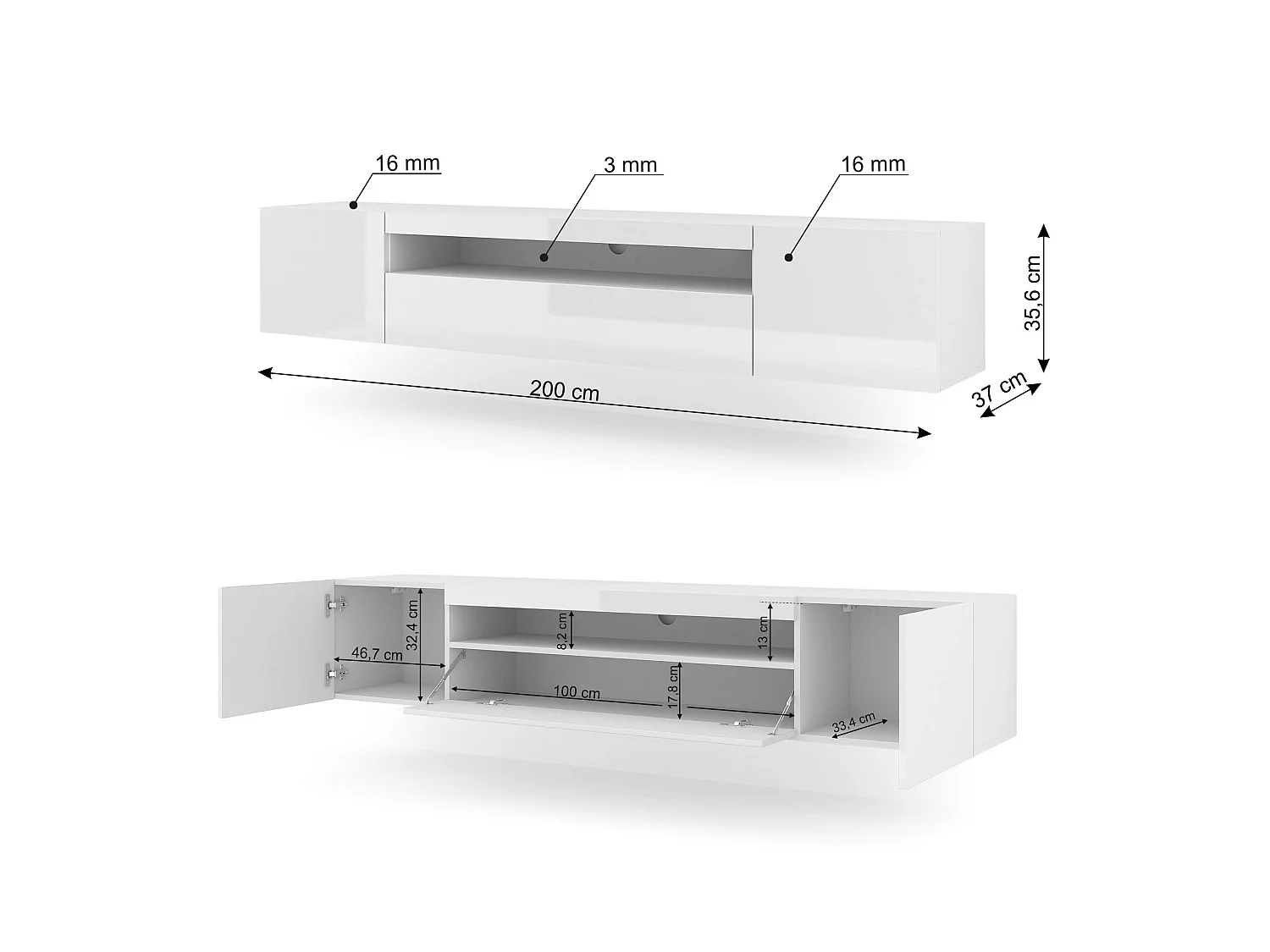 Table de télévision AURA LED 200x37x36-42 Blanc