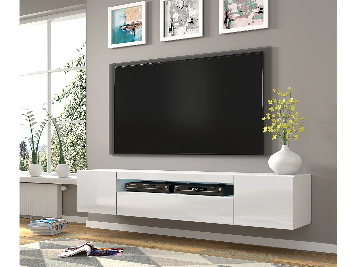 Fernsehtisch AURA 200x37x36-42 KEINE LED Weiss