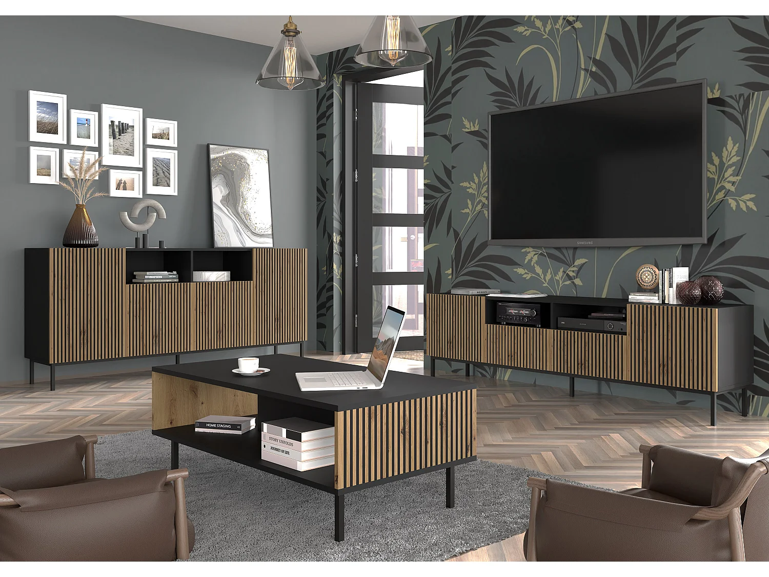 Mesa TV RavennaF 200x42x58 Crema & Negro