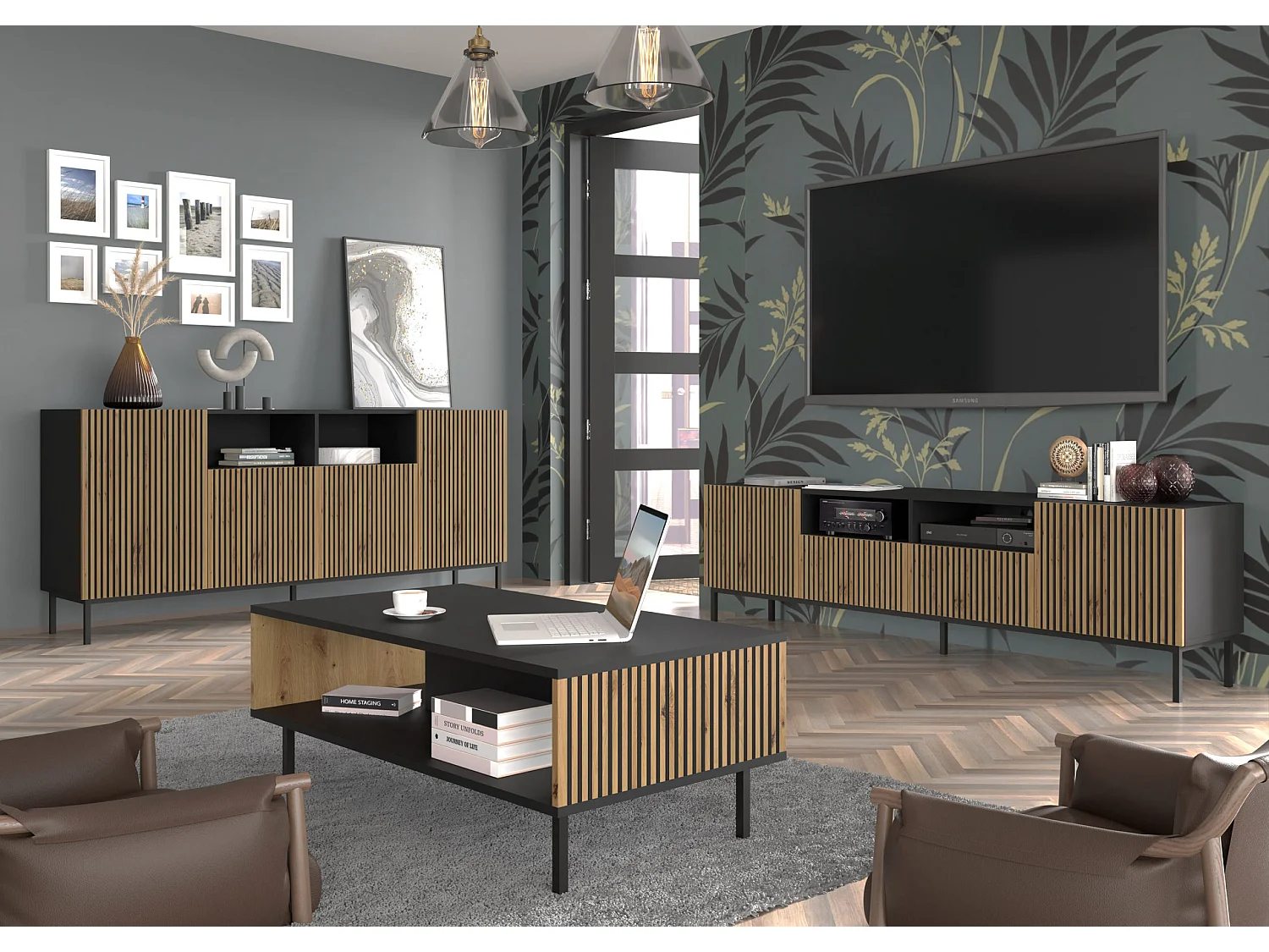 Mesa TV RavennaF 200x42x58 Crema & Negro