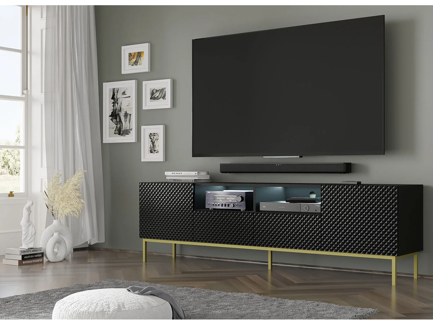 Table de télévision Ravenna CCK RTV200 2D2 200x42x58 Noir & Doré