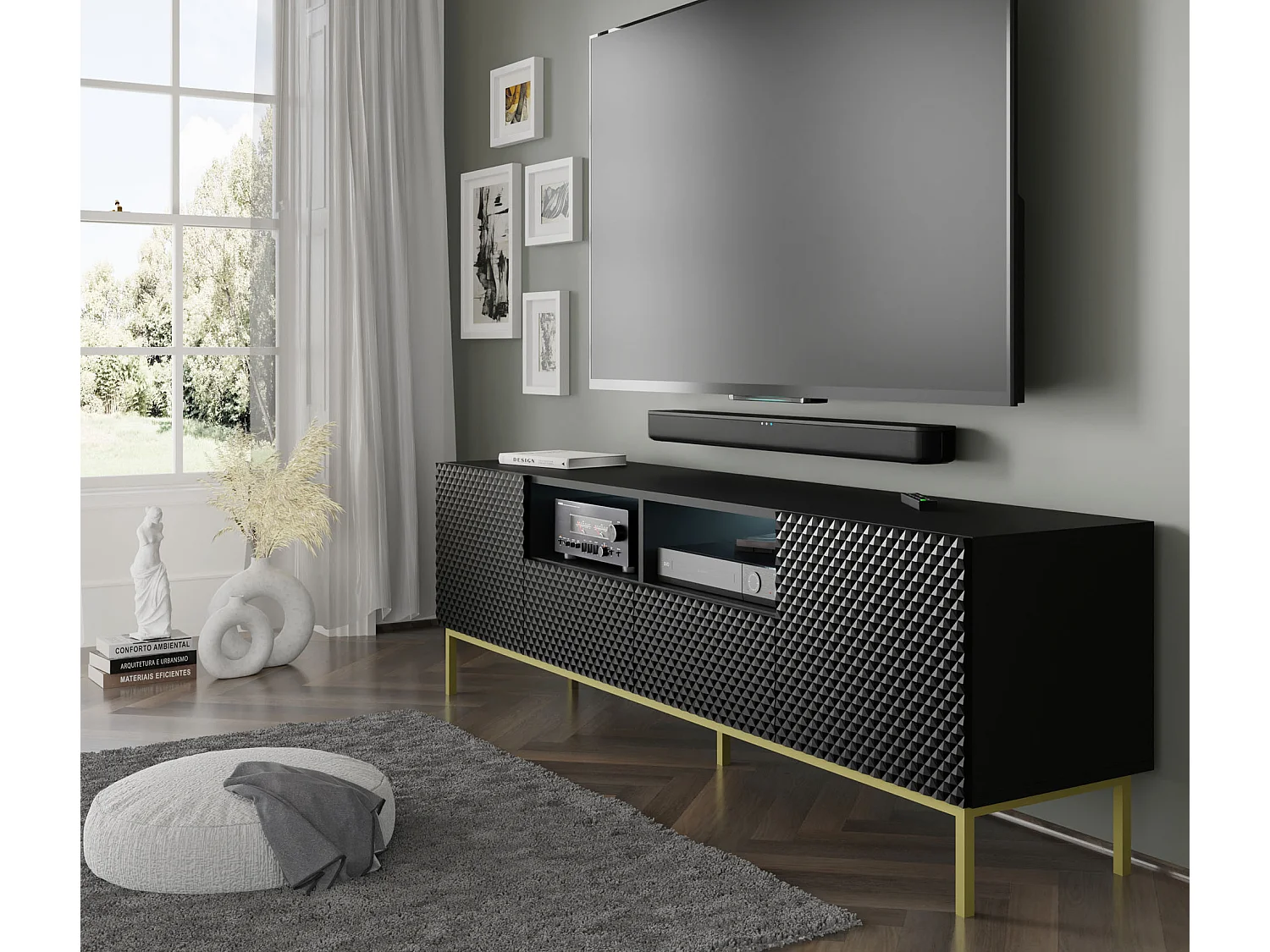 Table de télévision Ravenna CCK RTV200 2D2 200x42x58 Noir & Doré