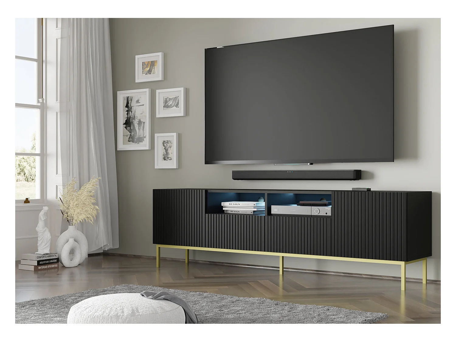 Fernsehtisch Ravenna BCK RTV200 2D2S 200x42x58 Schwarz & Golden
