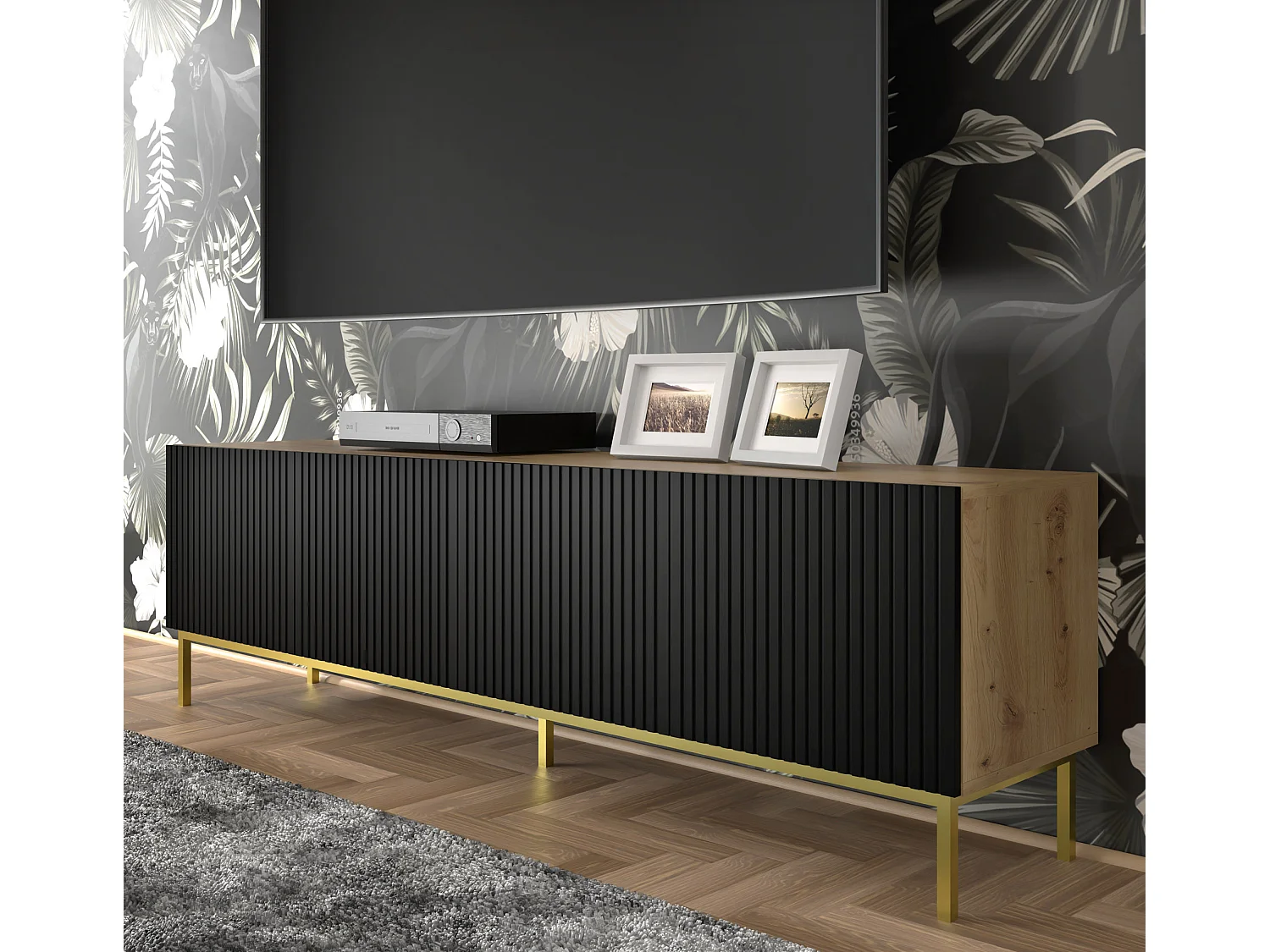 Mesa TV RavennaB 200x42x58 Crema & Negro & Dorado