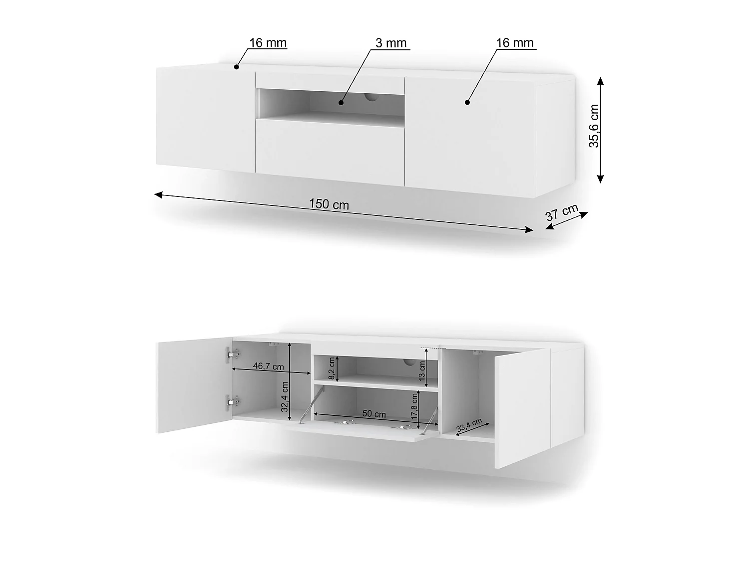 Aurus Wit 3-deurs tv-element voor wandmontage 150 cm