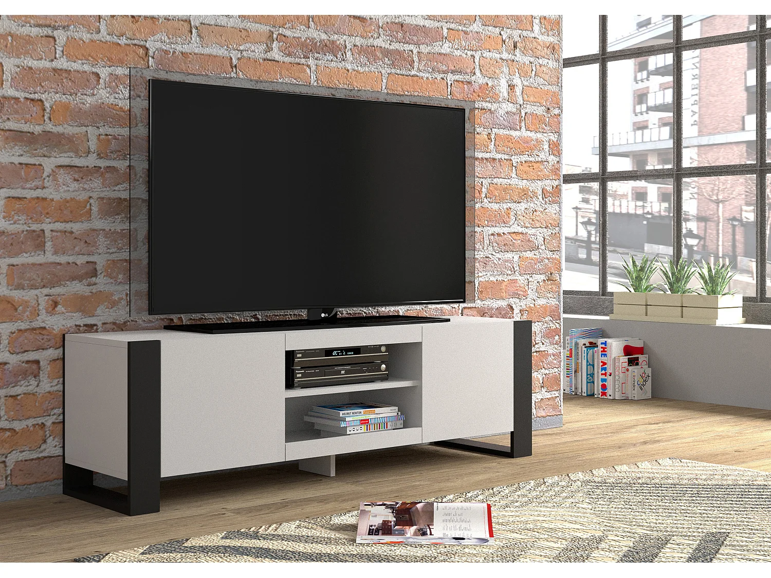 Table de télévision MONDI 158x40x47 Blanc & Noir