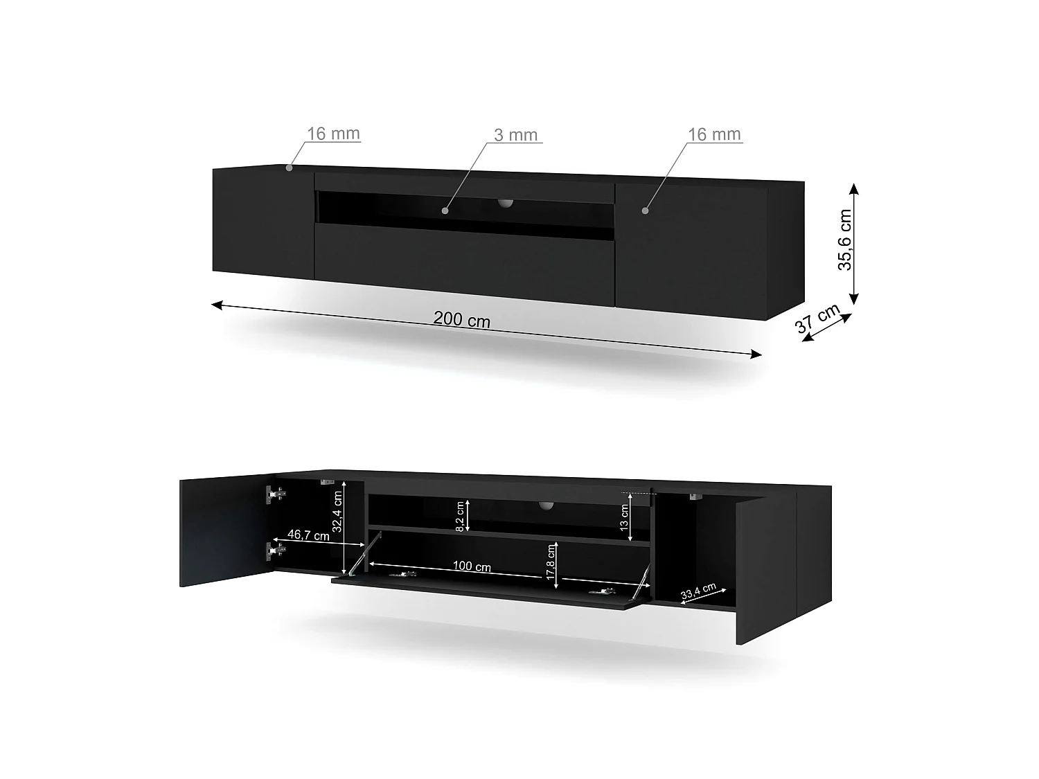 Aurus Zwart 3-deurs LED TV-wandmeubel 200 cm