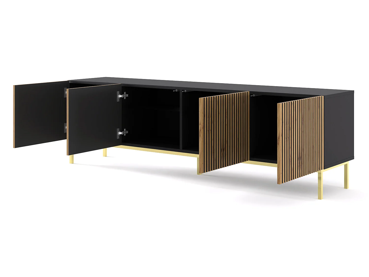 TV-meubel RAVENNA F 200 cm 4 deuren mat zwart / artisan eiken met gouden frame