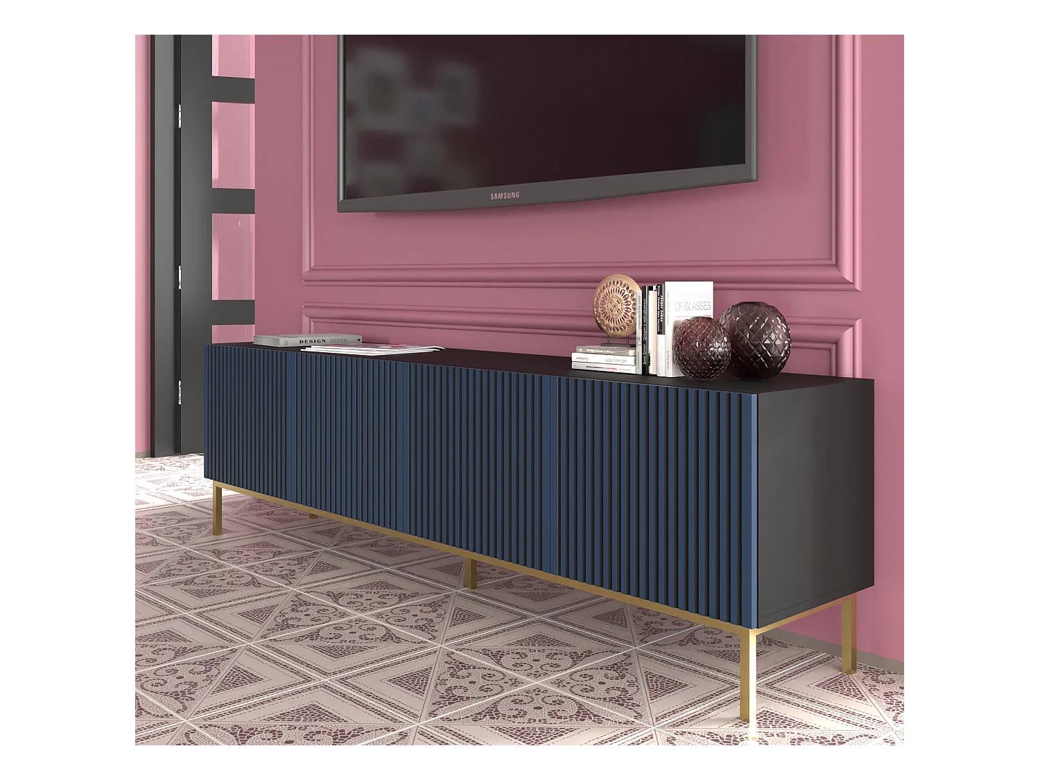Table de télévision RavennaF 200x42x58 Noir & Bleu royal & Doré