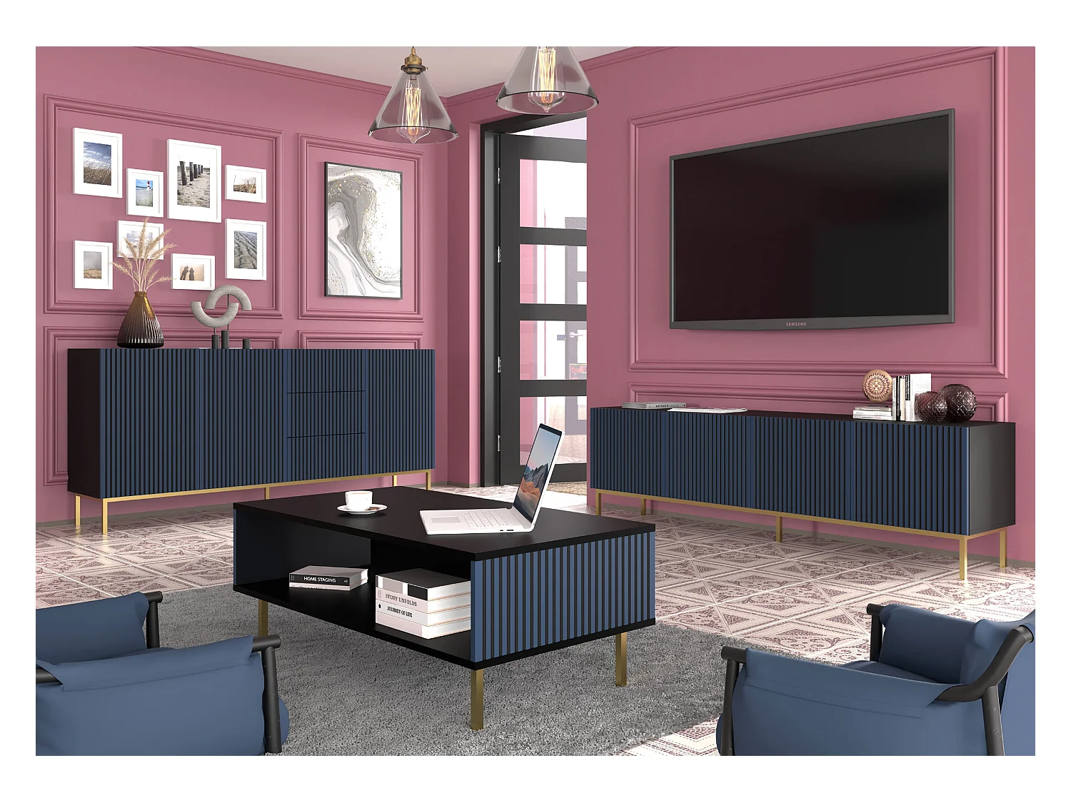 Table de télévision RavennaF 200x42x58 Noir & Bleu royal & Doré