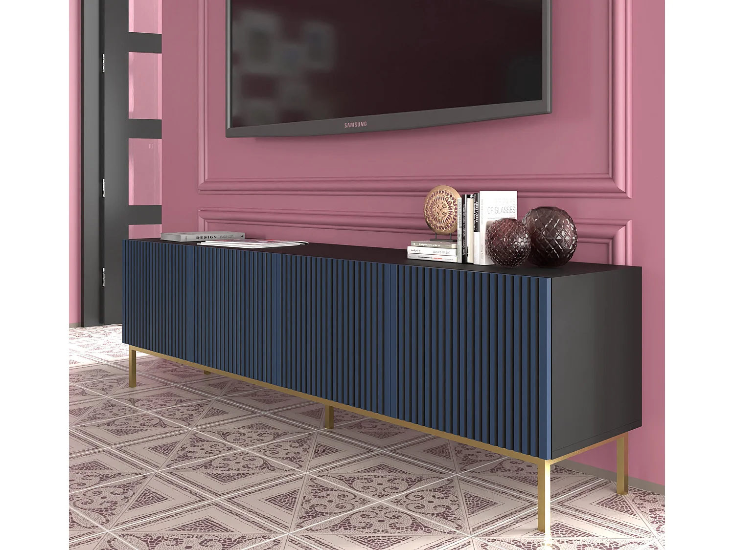 Tavolo TV RavennaF 200x42x58 Nero & Blu reale & Oro