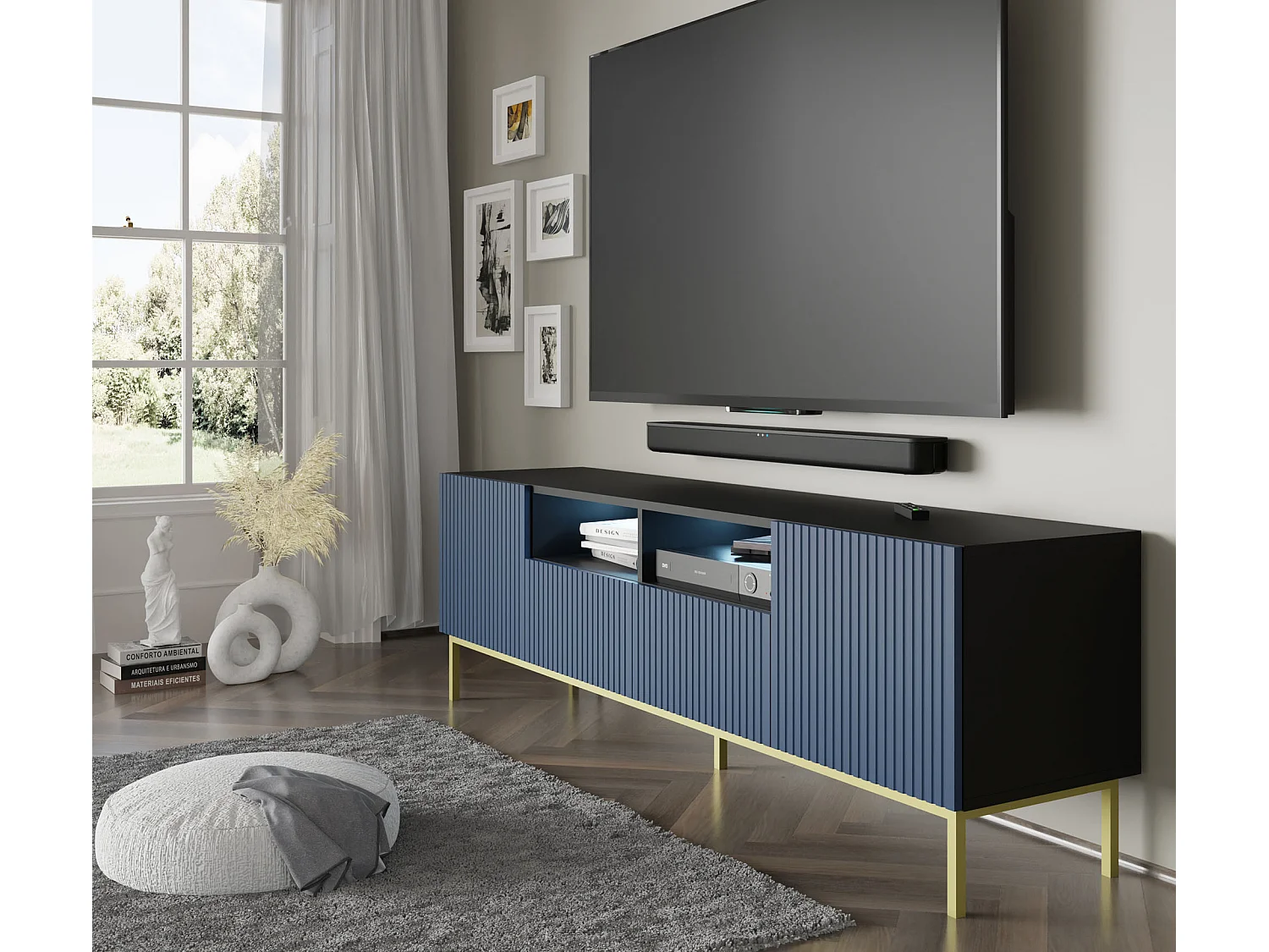 Tavolo TV Ravenna BCK RTV200 2D2S 200x42x58 Nero & Blu reale & Oro