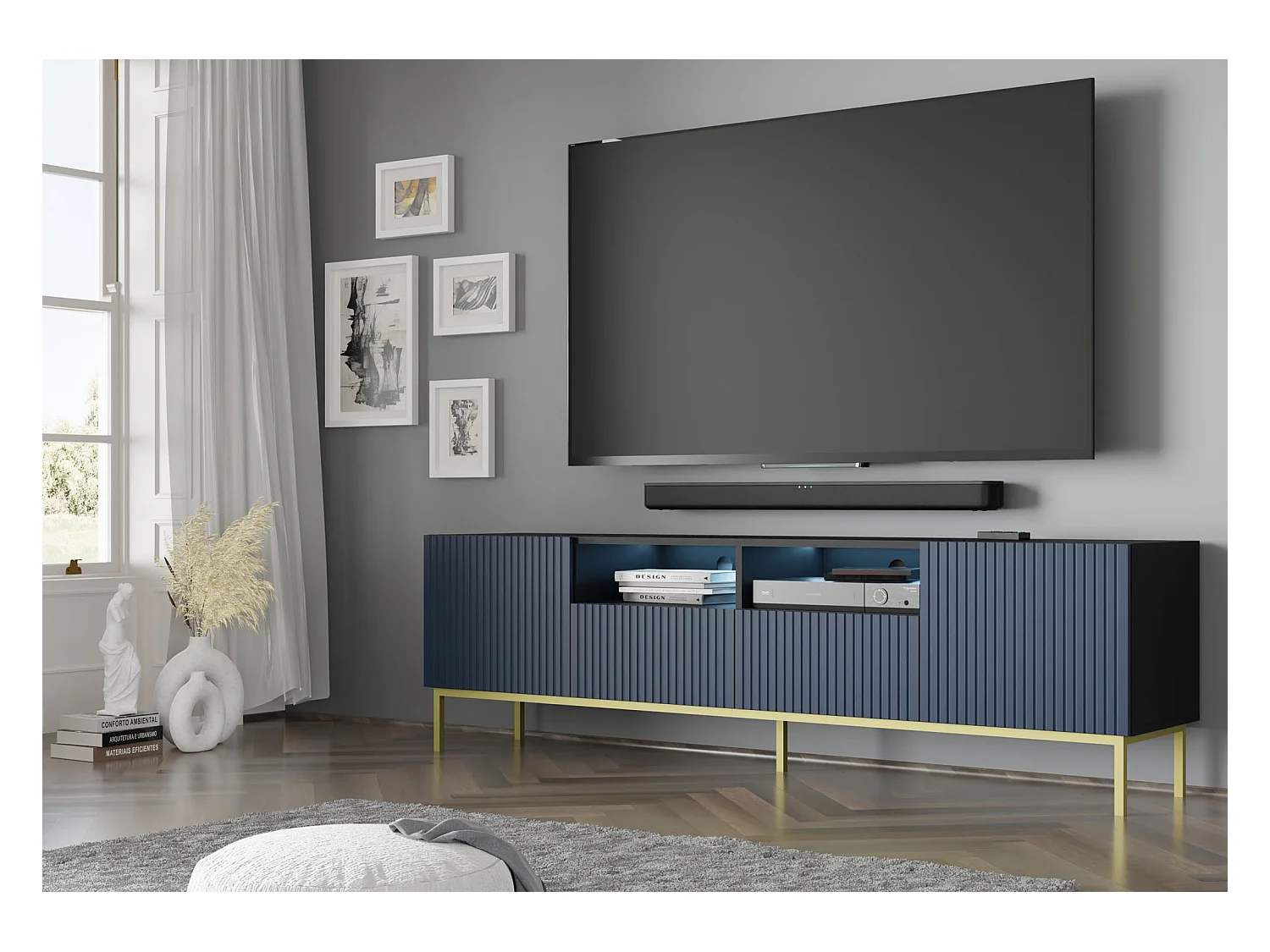Table de télévision Ravenna BCK RTV200 2D2S 200x42x58 Noir & Bleu royal & Doré