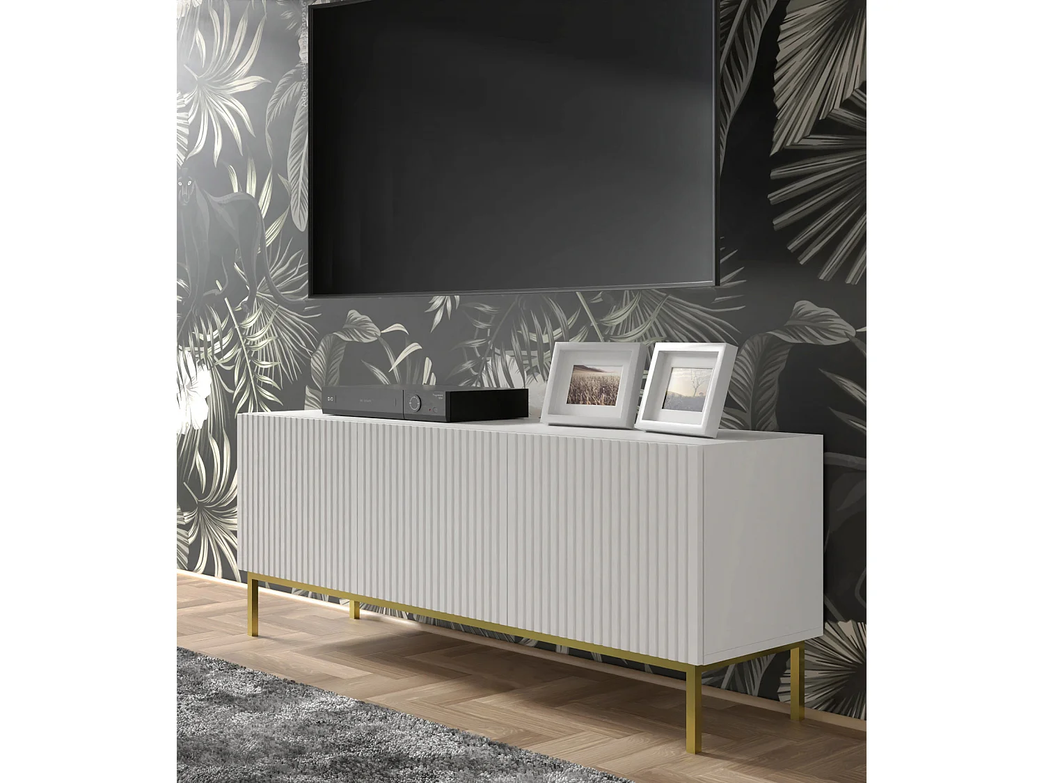 Table de télévision RavennaB 150x42x56 Blanc & Crème