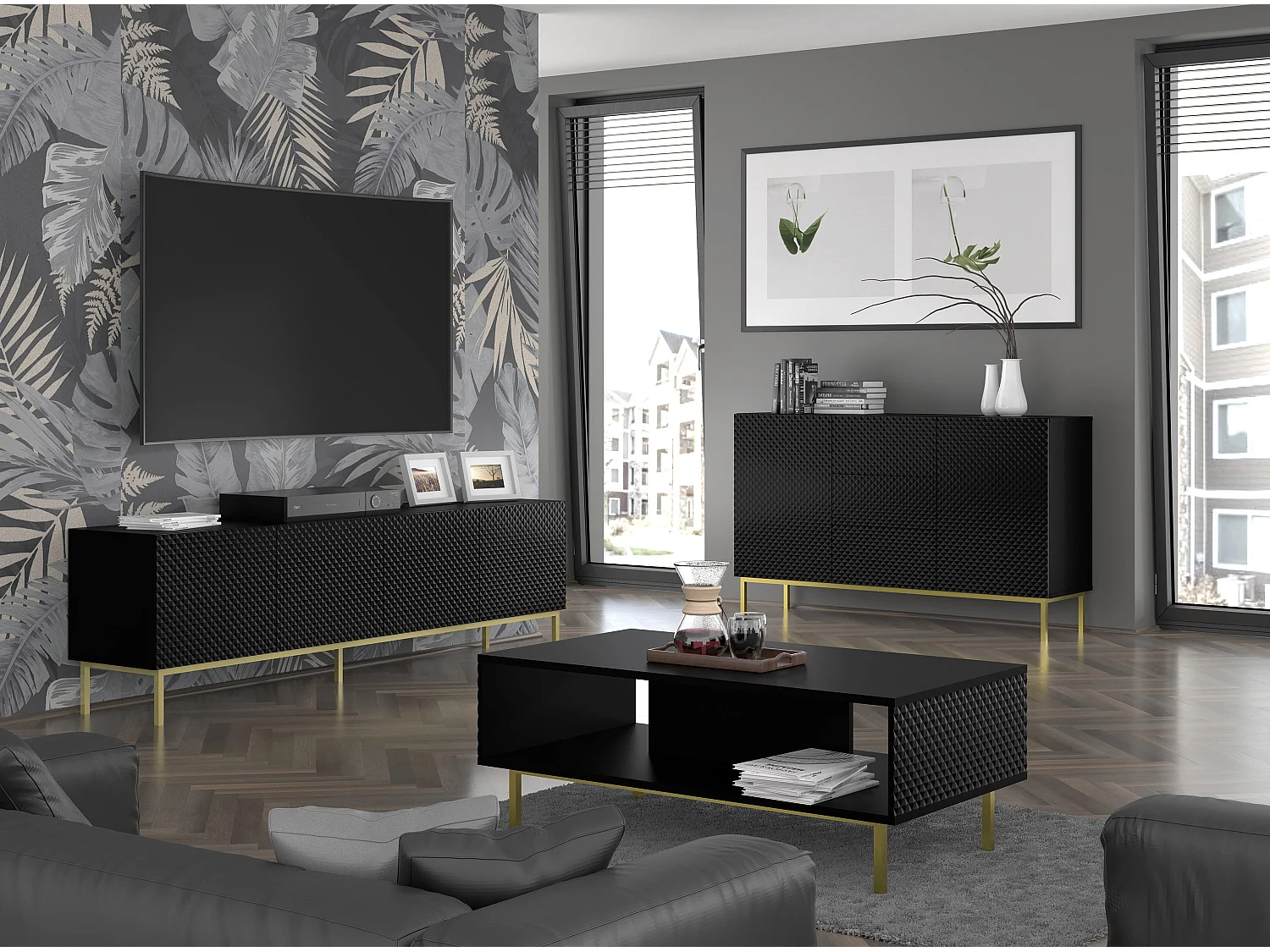 Mesa TV RavennaC 200x42x58 Negro & Dorado