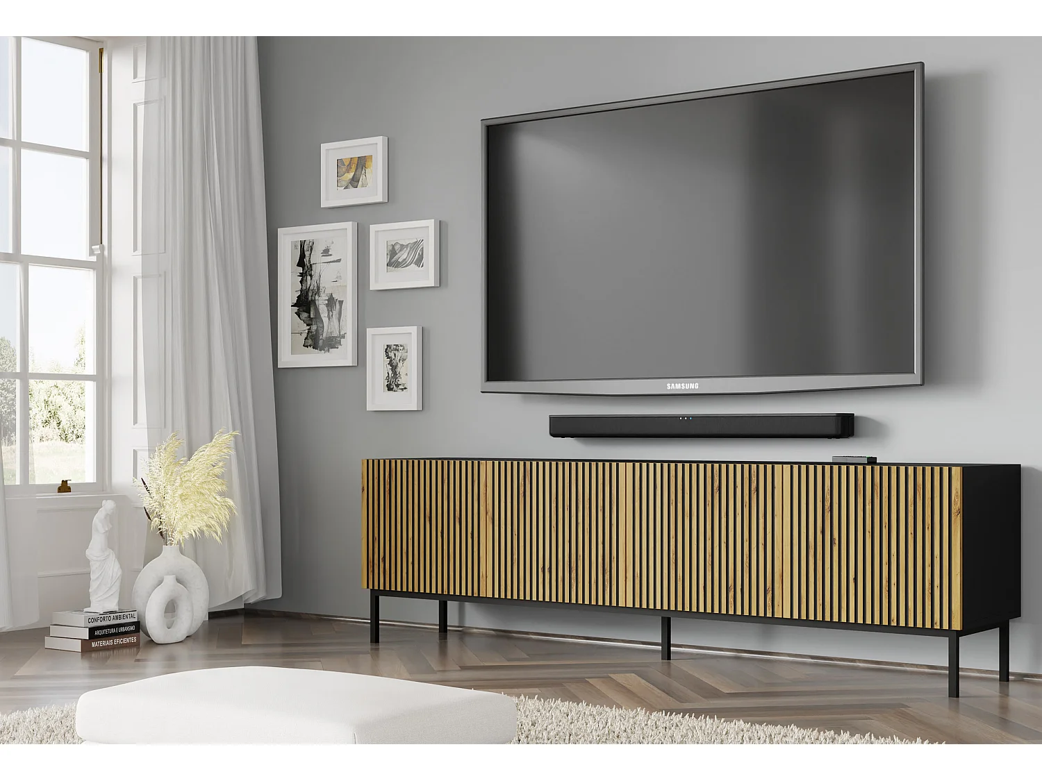 Philaé Wood en Zwart 4-deurs TV-meubel 200 cm