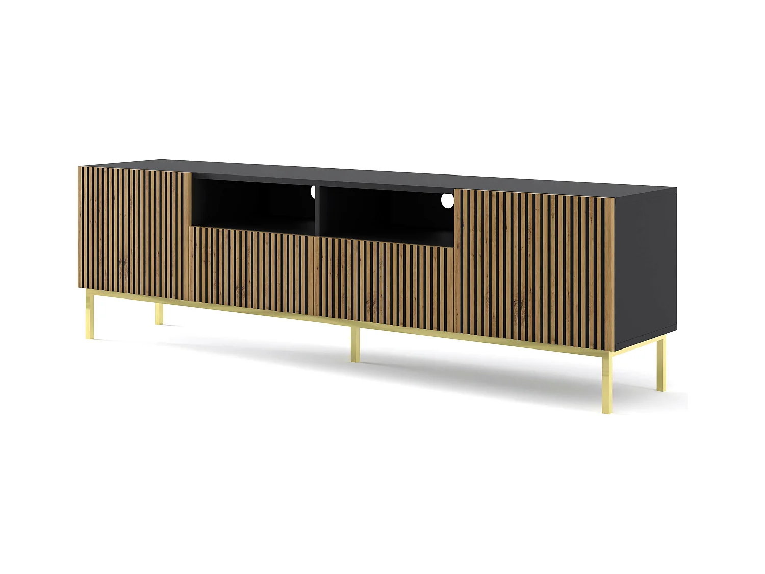 Table de télévision RavennaF 200x42x58 Noir & Crème & Doré