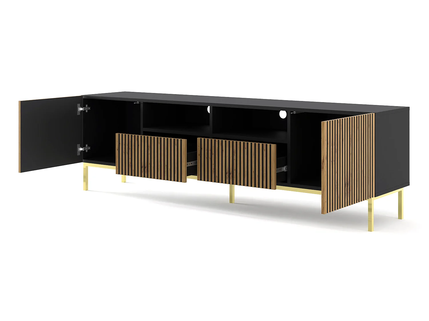 Table de télévision RavennaF 200x42x58 Noir & Crème & Doré