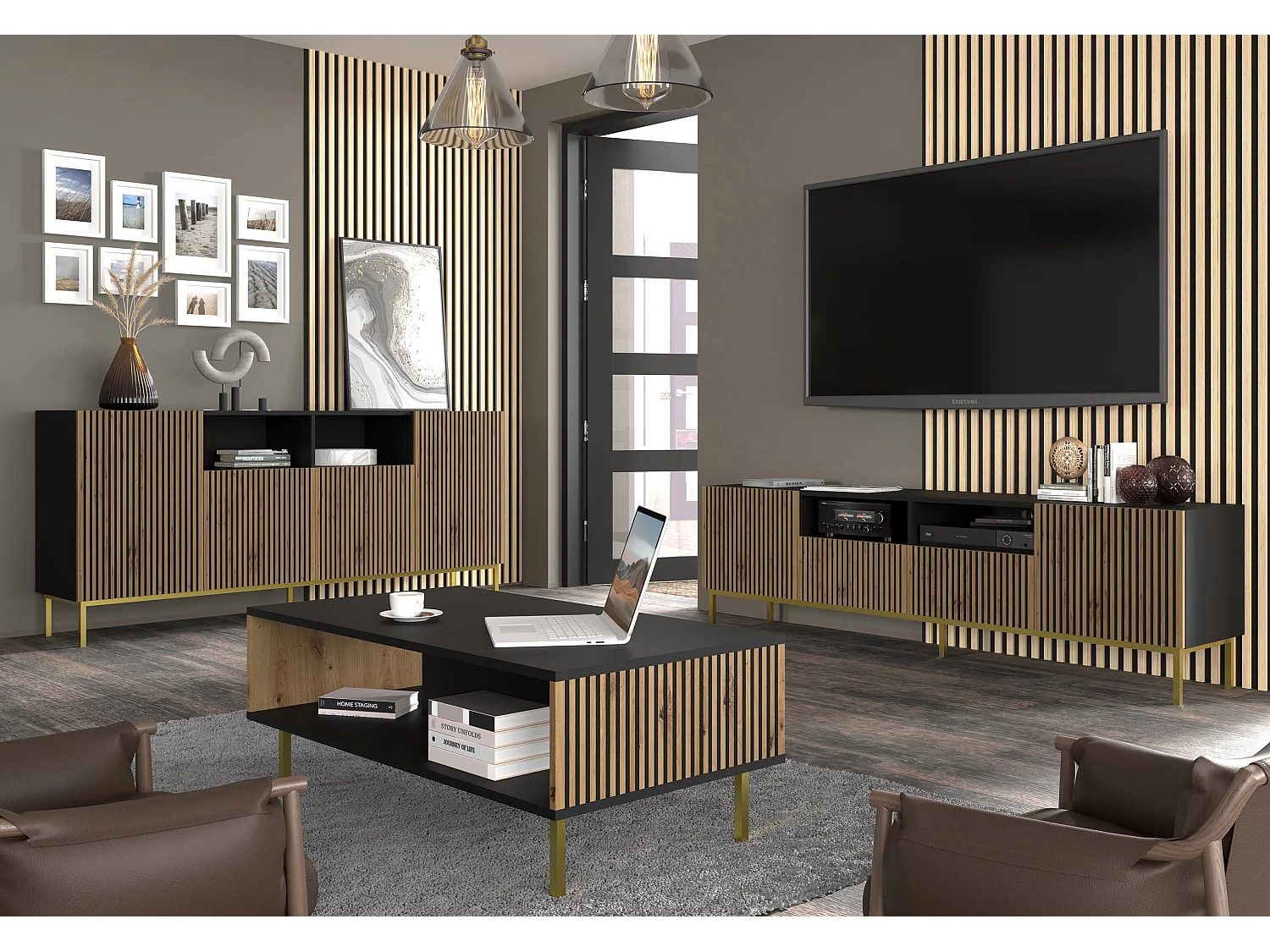 Table de télévision RavennaF 200x42x58 Noir & Crème & Doré