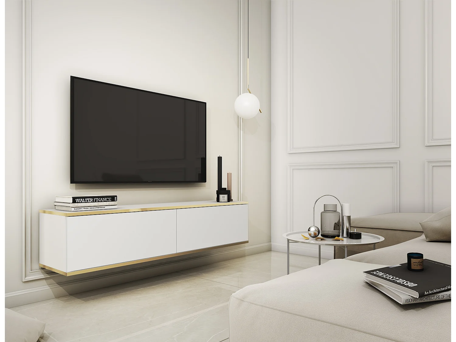 Table de télévision ORO RTV135 135x32x30 Blanc & Crème