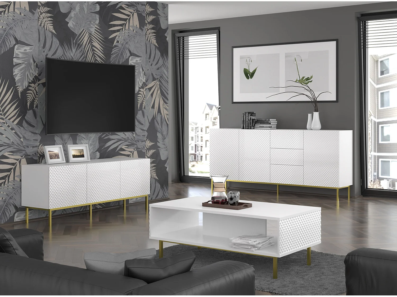 Table de télévision RavennaC 150x42x56 Blanc & Doré