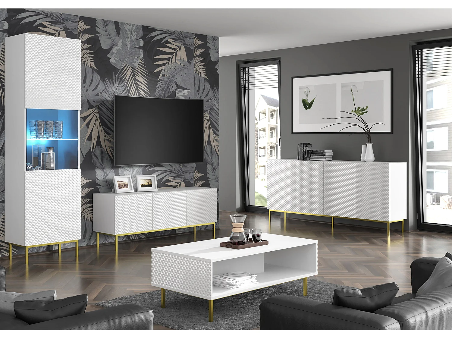 Table de télévision RavennaC 150x42x56 Blanc & Doré