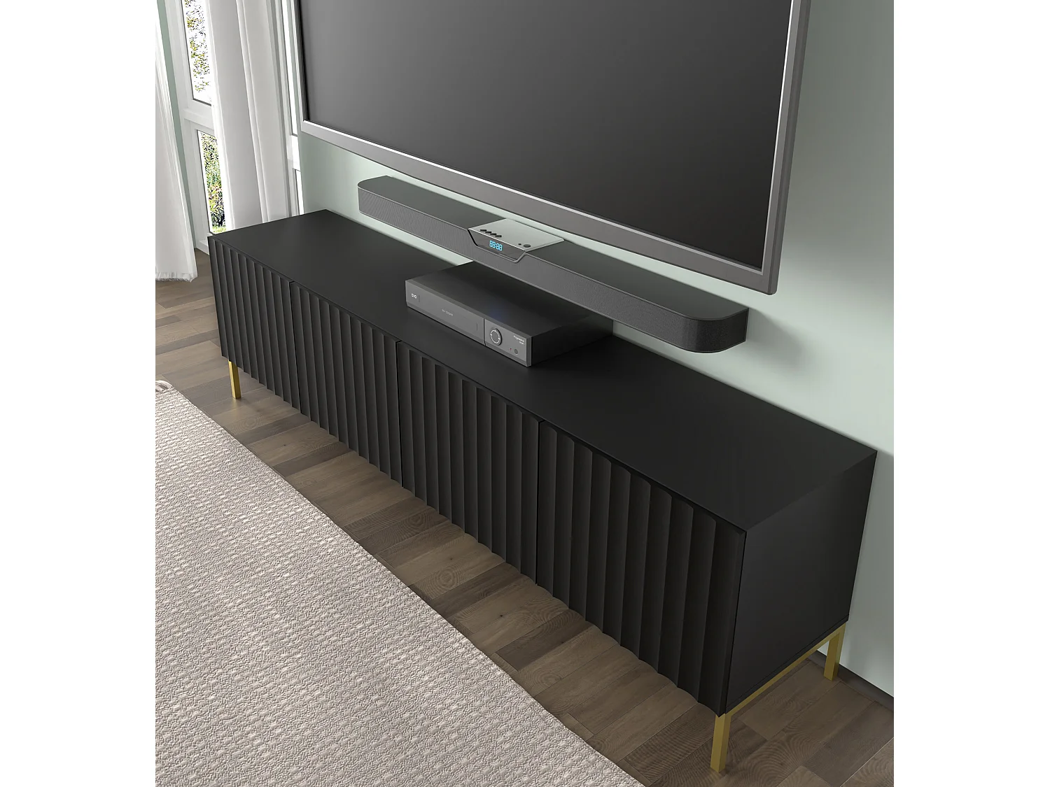 TV-meubel WAVE 200 cm mat zwart met gouden poten