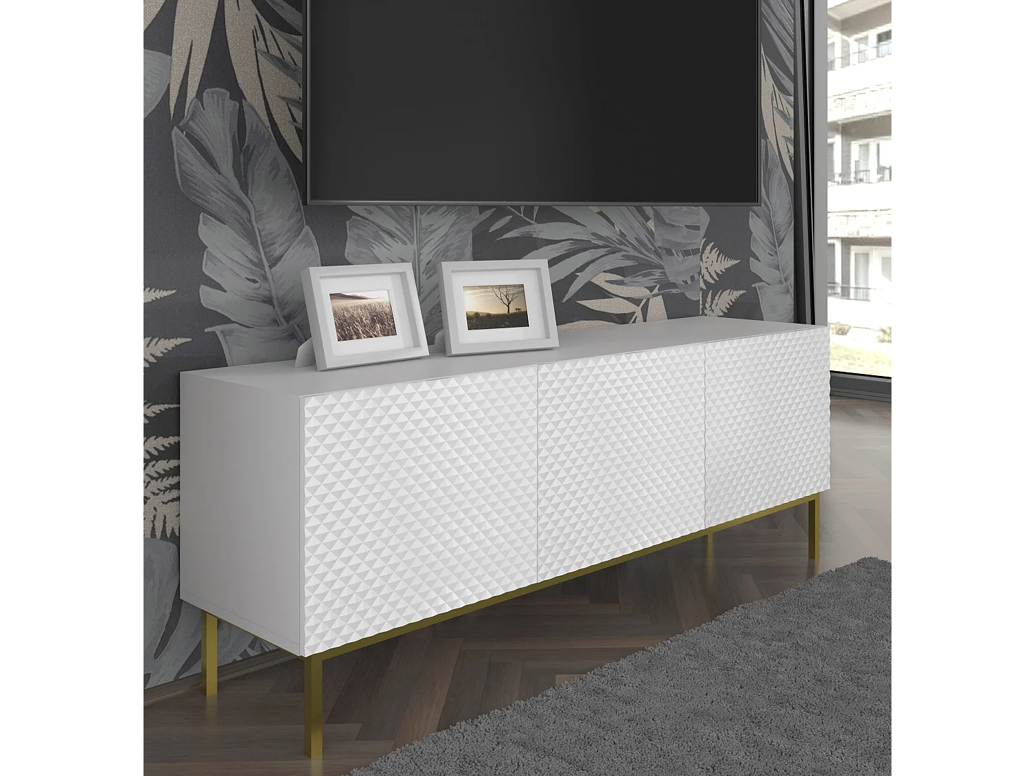 Table de télévision RavennaC 150x42x56 Blanc & Noir