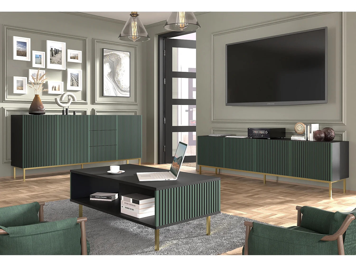 Table de télévision RavennaF 200x42x58 Noir & Vert & Doré