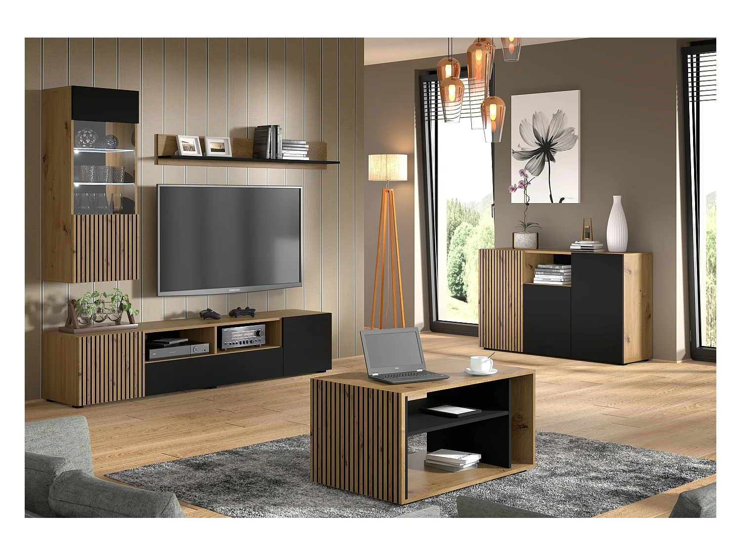Fernsehtisch AURIS 200x42x42 Creme & Schwarz