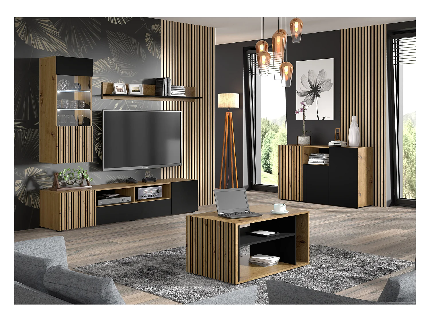 Fernsehtisch AURIS 200x42x42 Creme & Schwarz