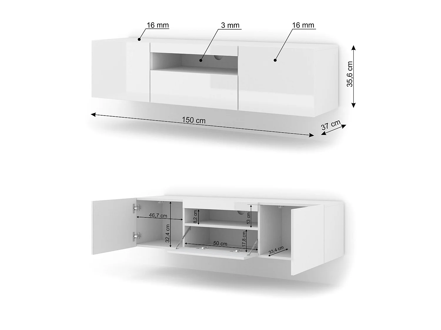 Table de télévision AURA 150x37x42 AUCUNE LED Blanc