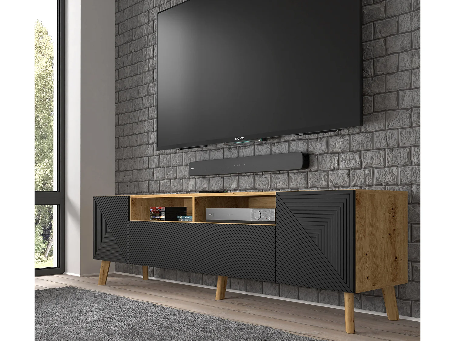 Tavolo TV LUXI 195x42x56 Crema & Nero