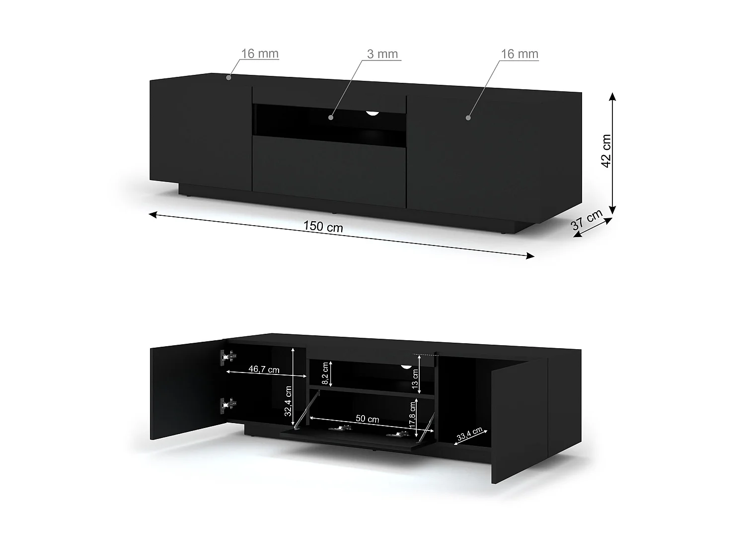 Aurus Zwart 3-deurs LED TV wandmeubel 150 cm