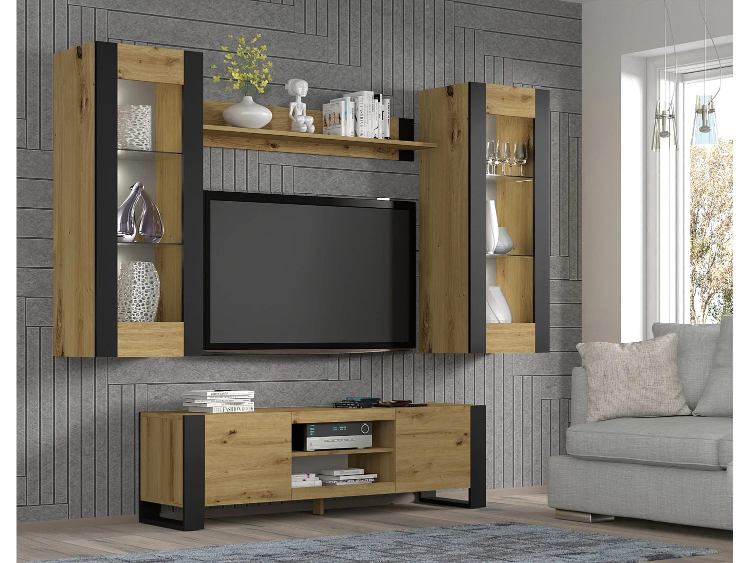 Table de télévision MONDI 158x40x47 Crème & Noir