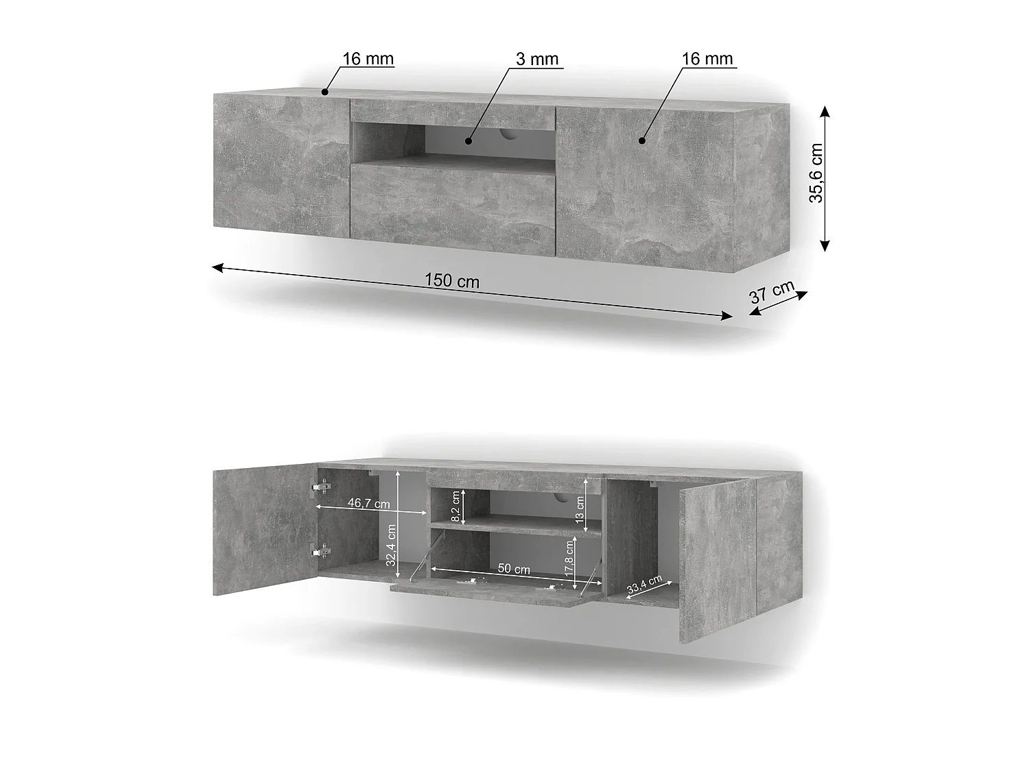 Table de télévision AURA 150x37x42 AUCUNE LED Gris