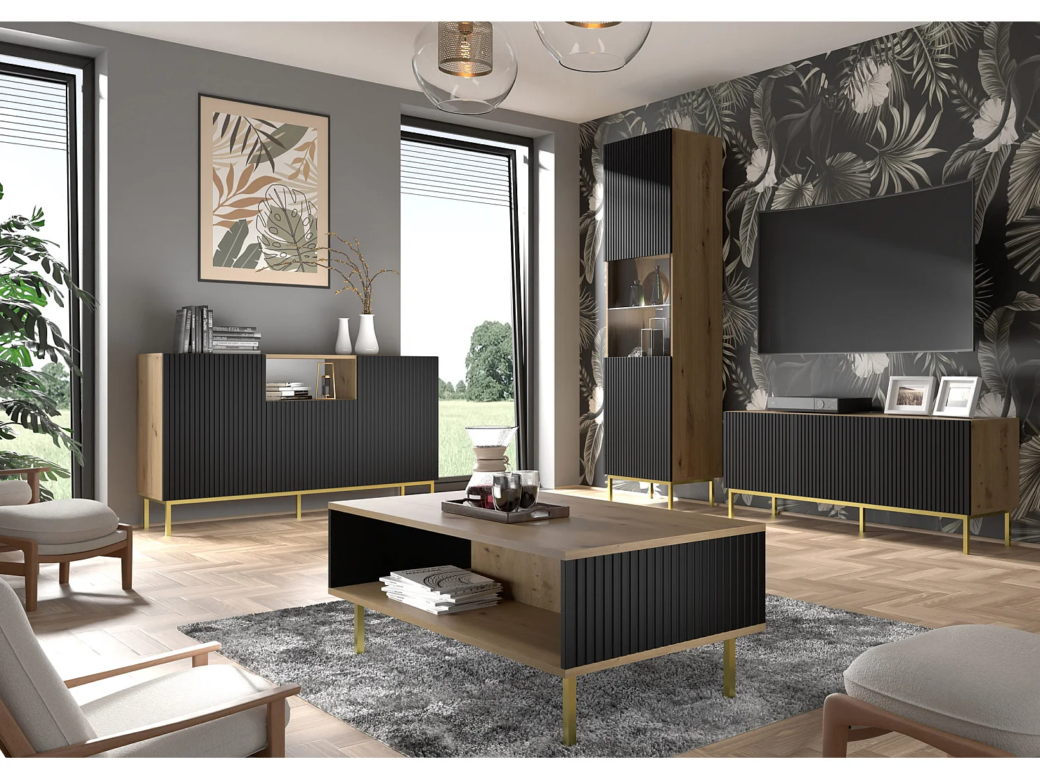 Table de télévision RavennaB 200x42x56 Crème & Noir