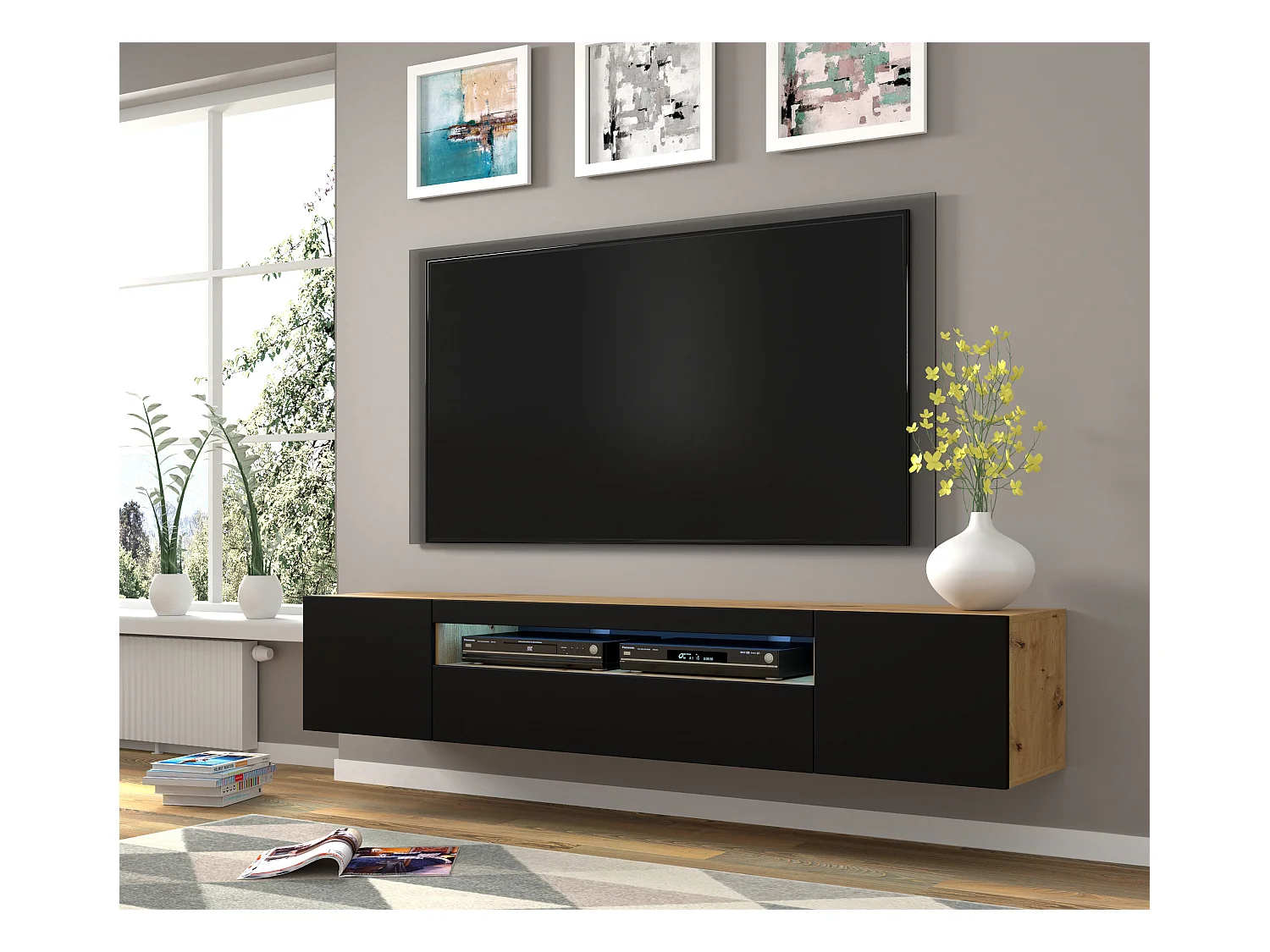 Table de télévision AURA LED 200x37x42 Crème & Noir