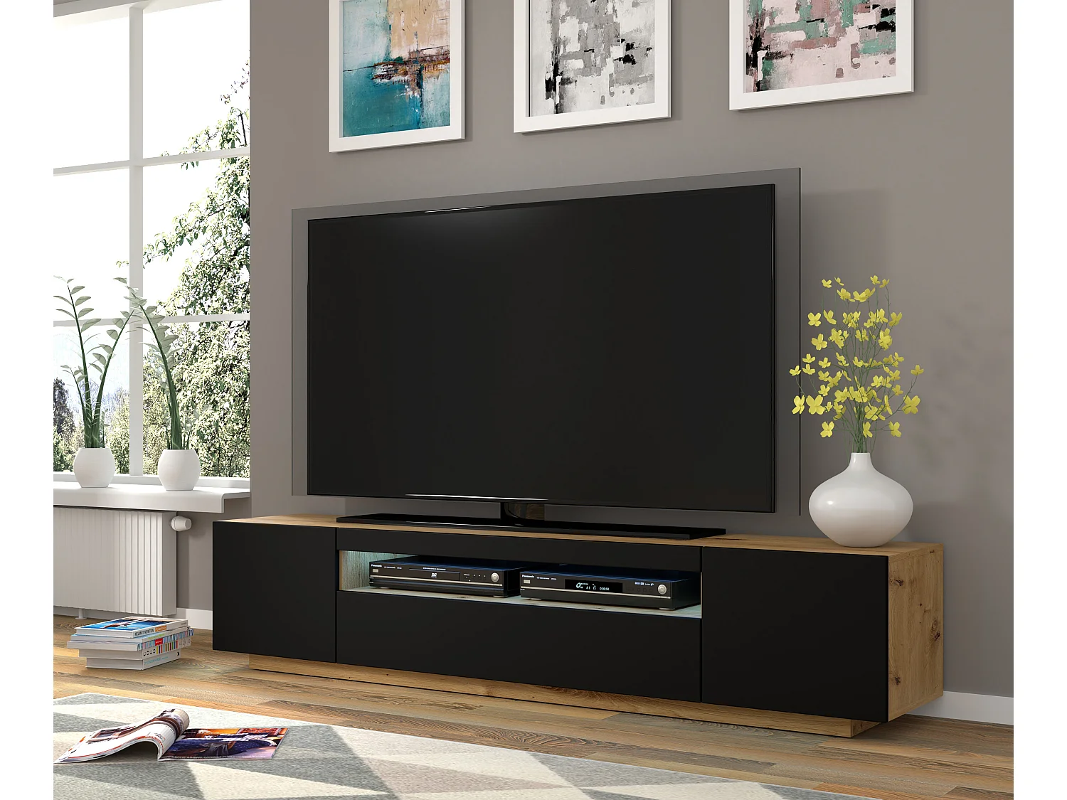 Table de télévision AURA LED 200x37x42 Crème & Noir