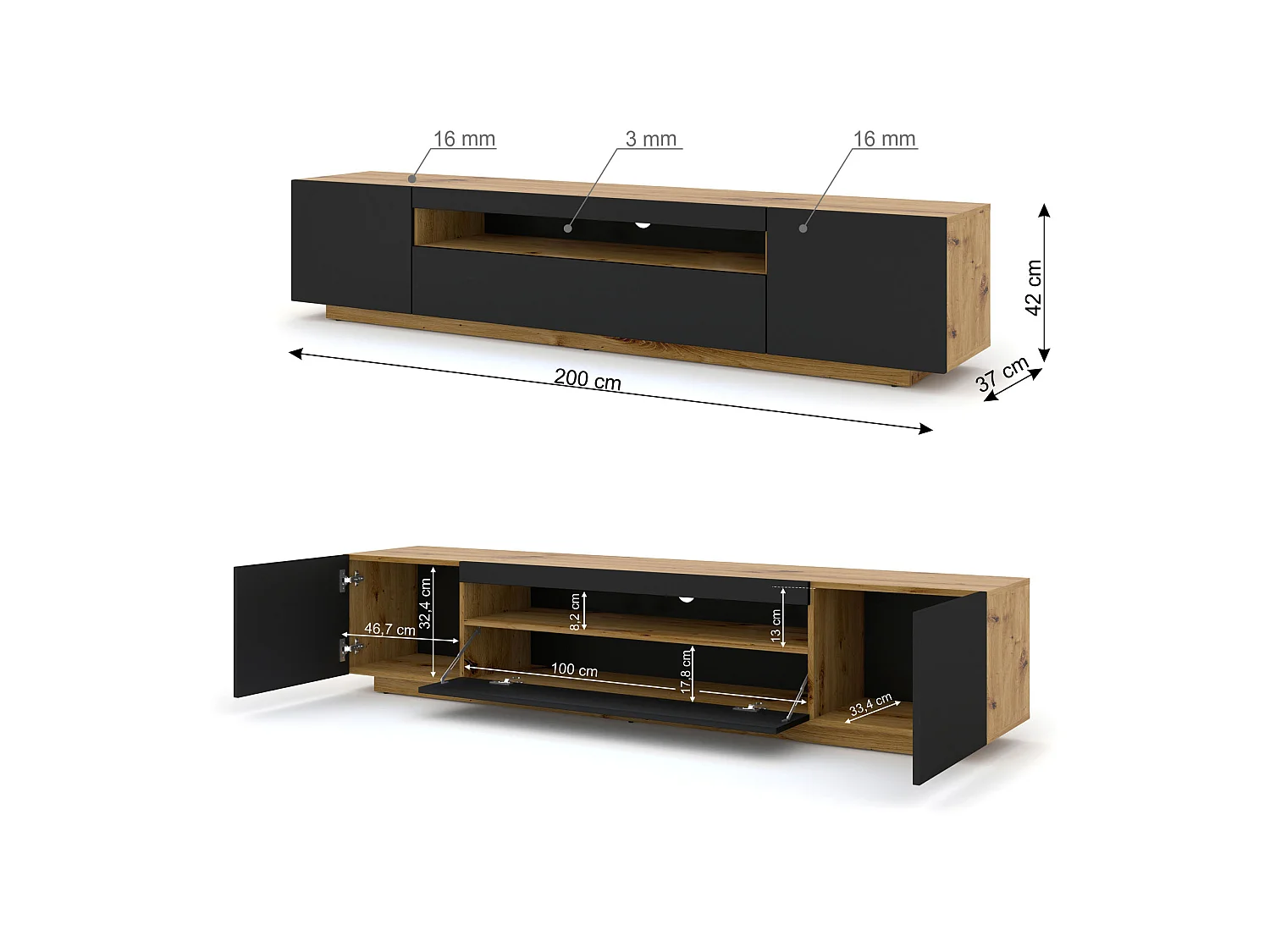 Table de télévision AURA LED 200x37x42 Crème & Noir
