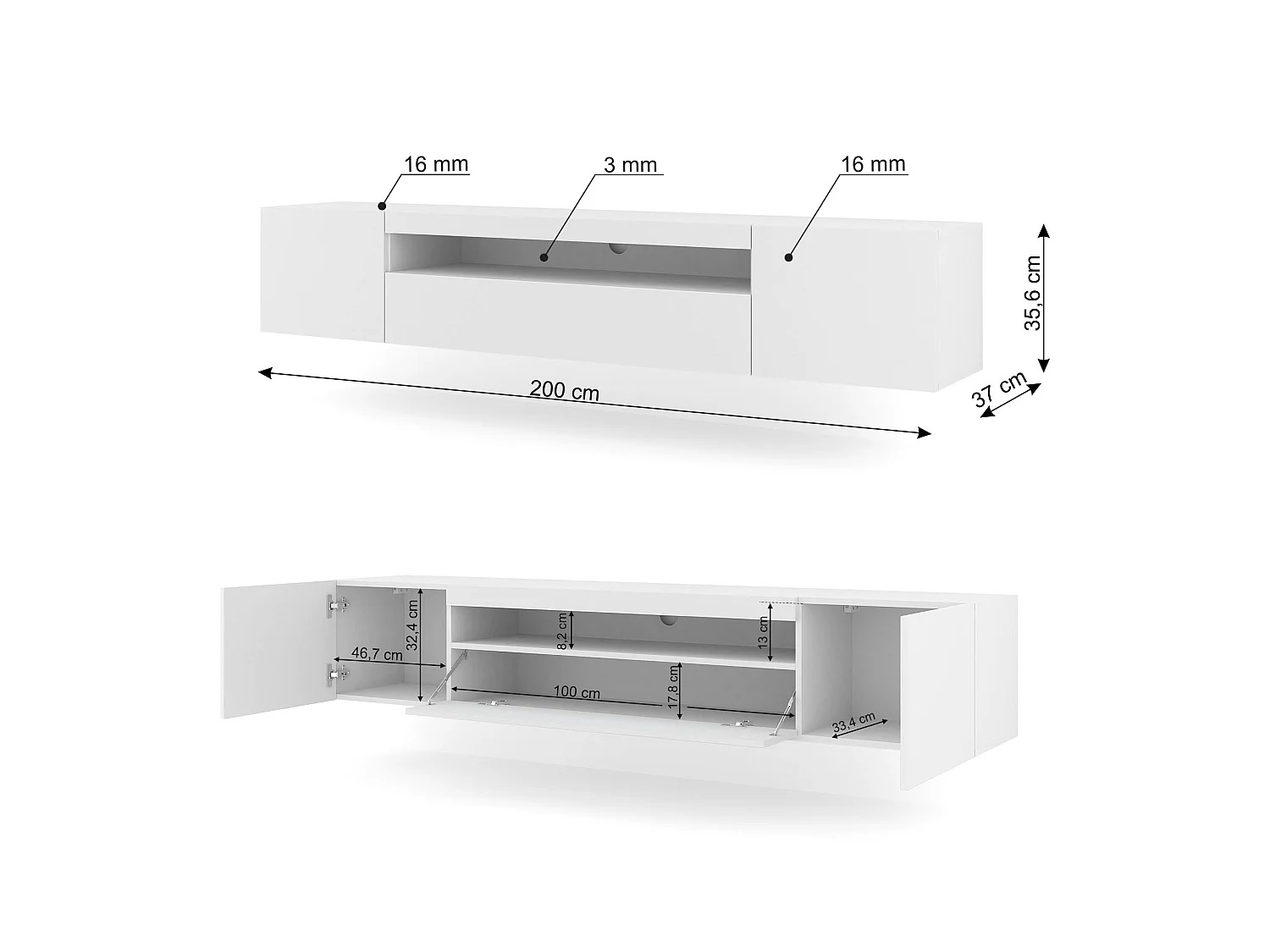 Aurus Wit 3-deurs TV-wandmeubel, 200 cm