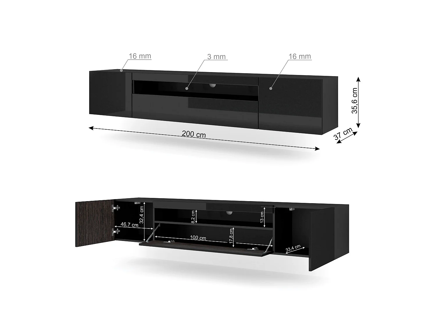 Móvel TV AURA 200 cm preto brilhante