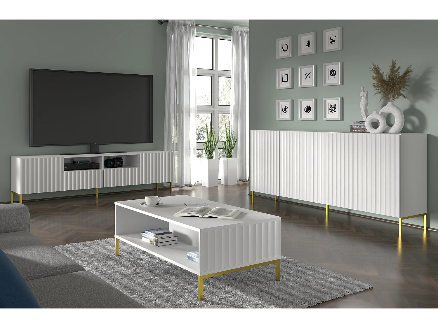 TV-meubel WAVE 200 cm mat wit met gouden poten