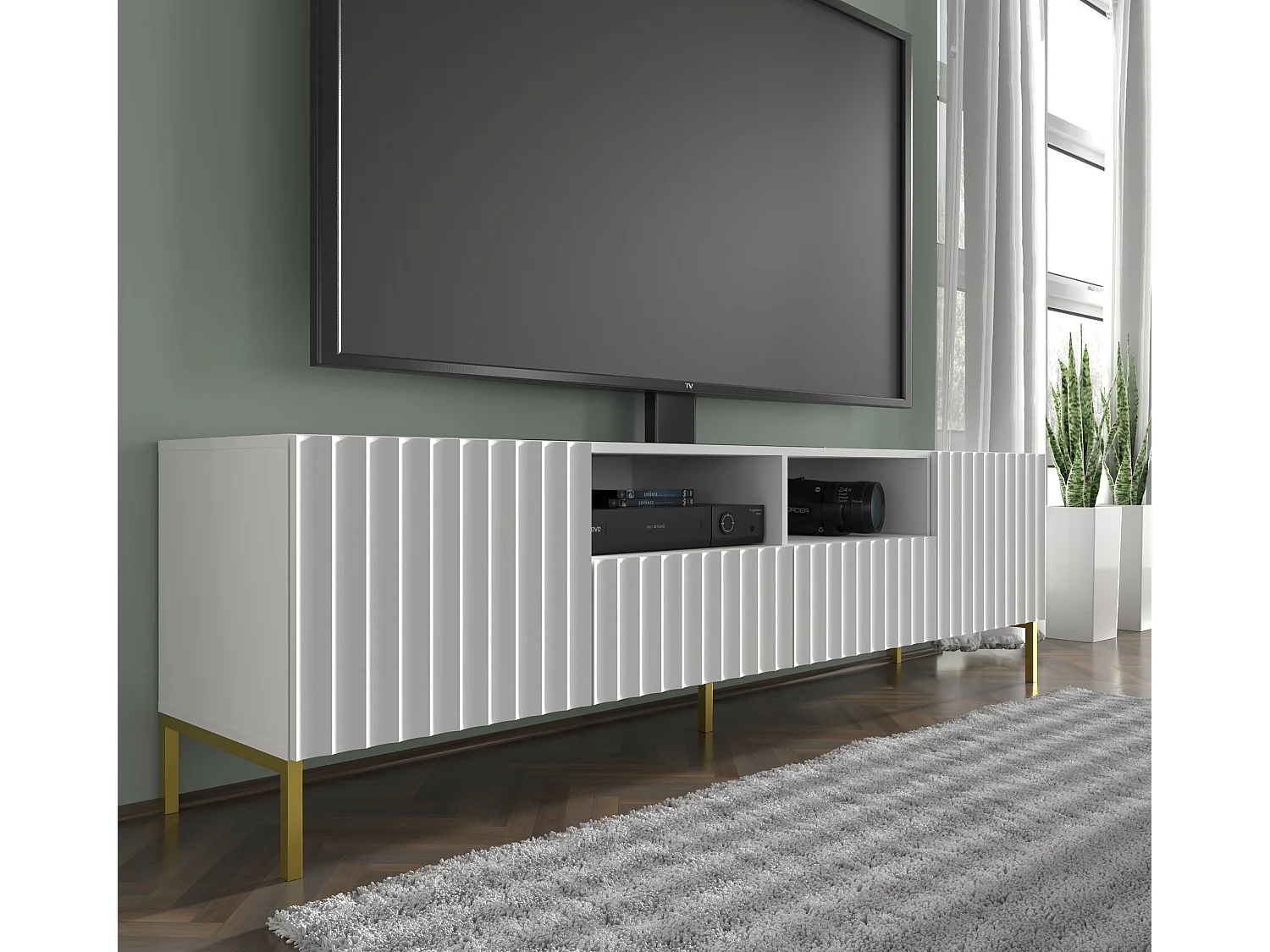 TV-meubel WAVE 200 cm mat wit met gouden poten