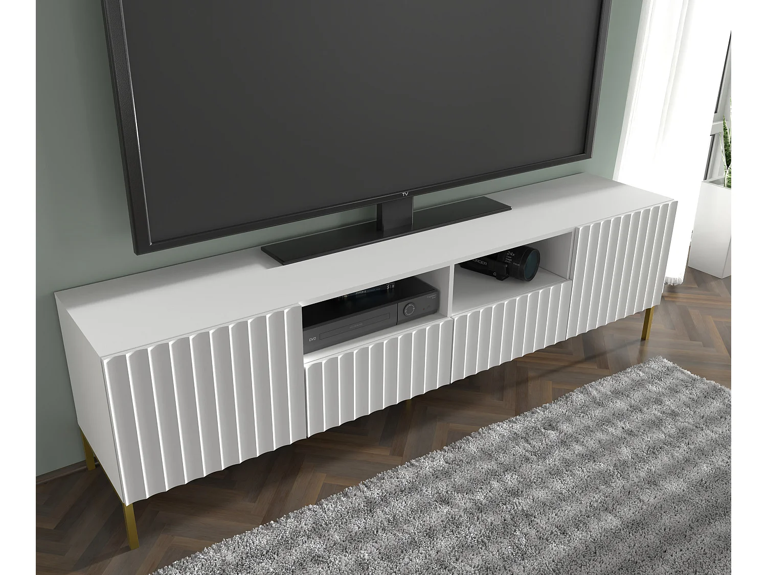 TV-meubel WAVE 200 cm mat wit met gouden poten