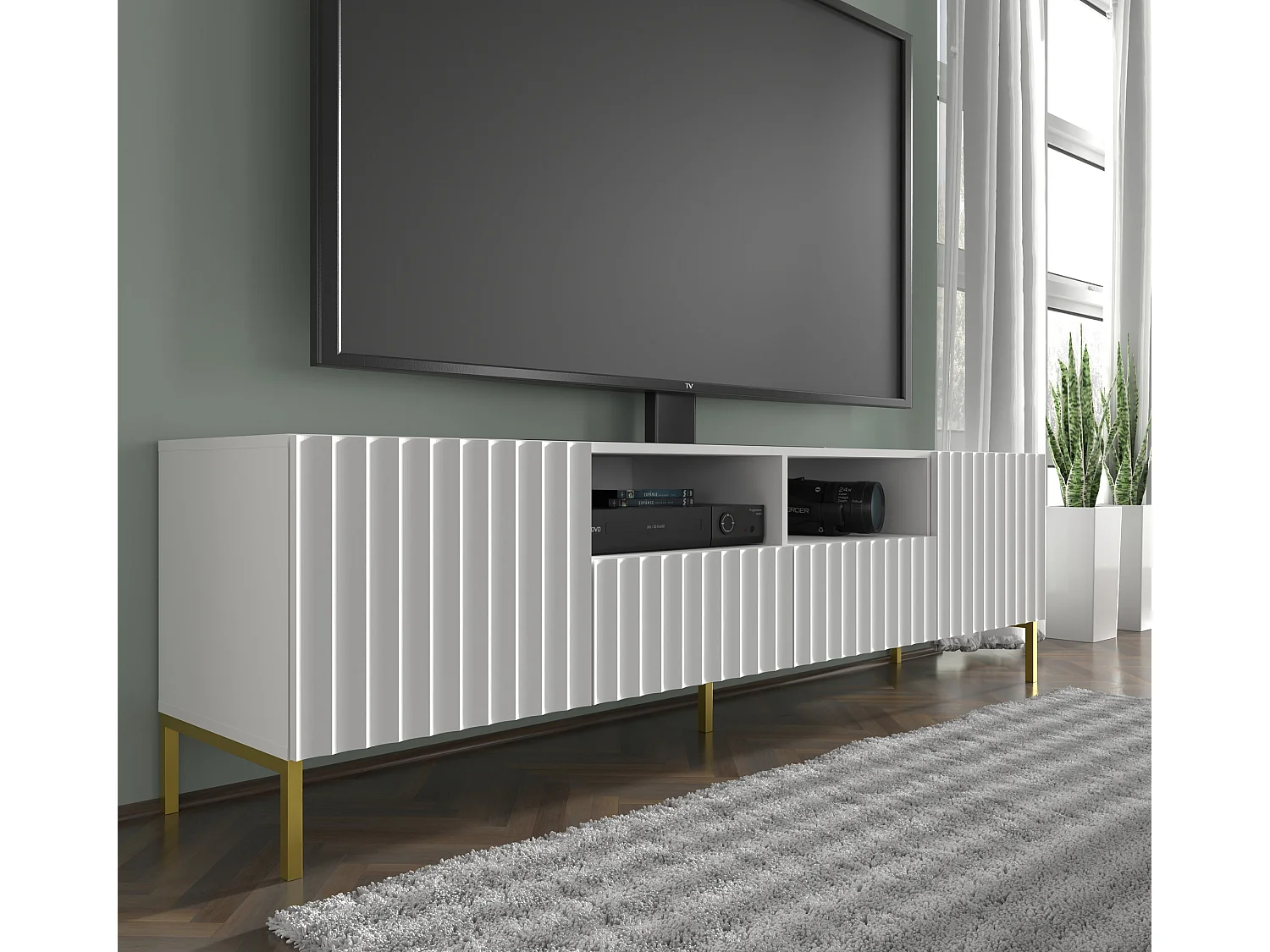 TV-meubel WAVE 200 cm mat wit met gouden poten