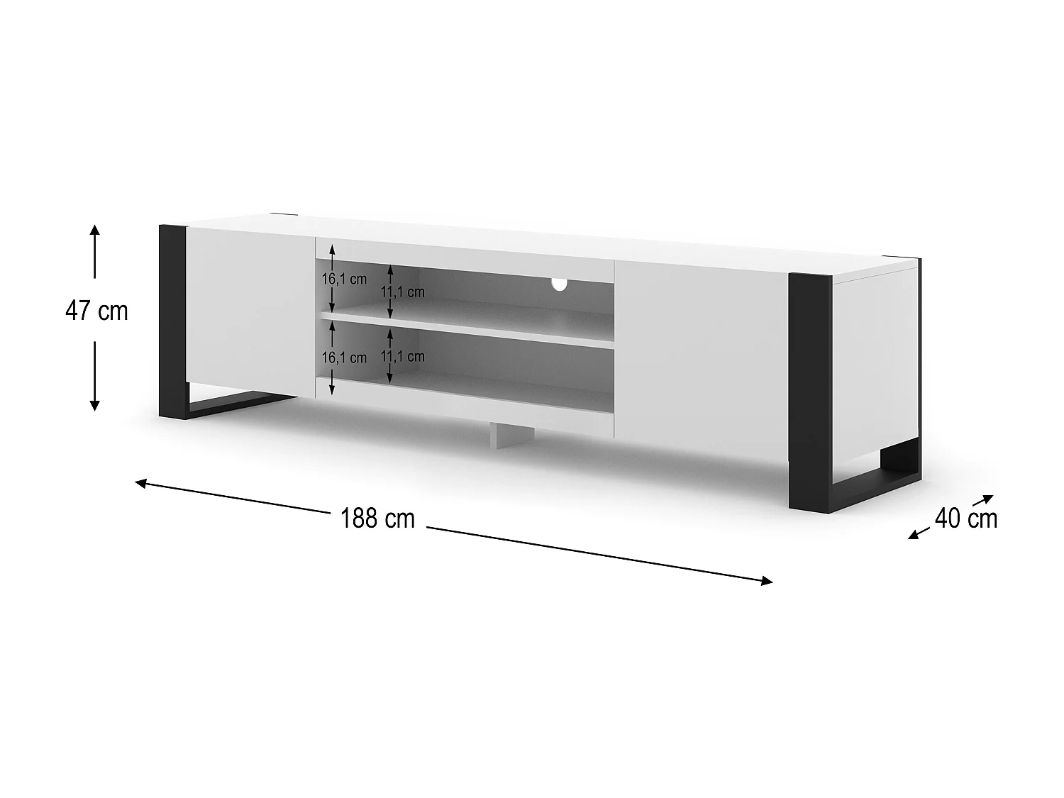 Fernsehtisch MONDI 188x40x47 Weiß & Schwarz