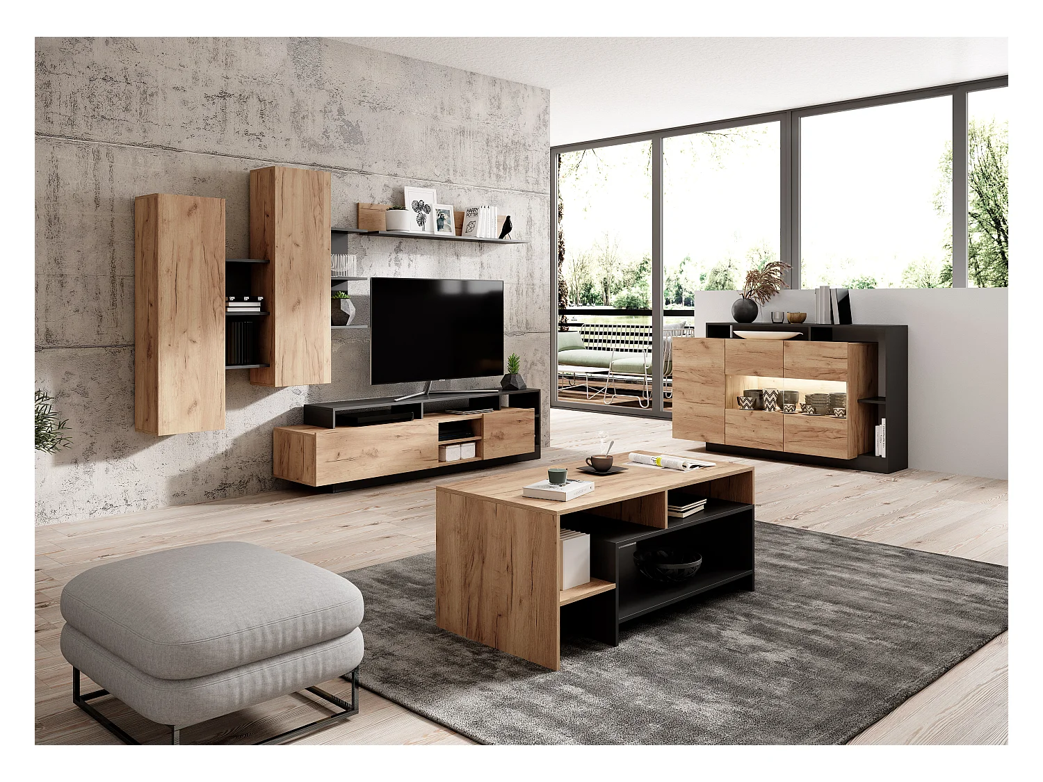 Meuble-paroi ALVA SET (5 pièces) 260x44x172 Crème & Gris